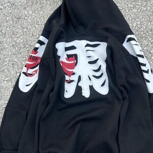 Zip Up Hoodie mens Size Large Black Skeleton Graphic Full Zip Streetwear Gothic